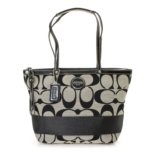 VINTAGE Coach F19046 Signature Stripe Black  Tote Light - Picture 1 of 16